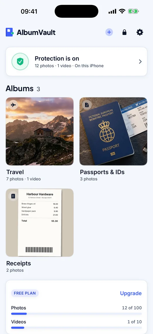 AlbumVault on iPhone showing encrypted Travel, Passports and IDs, and Receipts albums