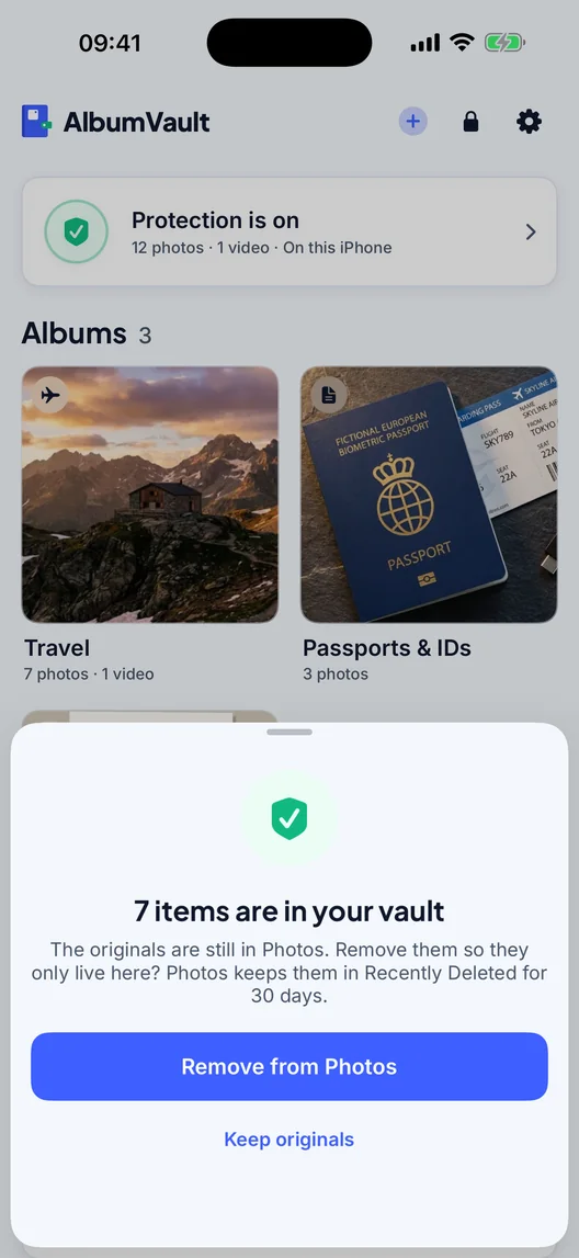 AlbumVault on iPhone asking whether to remove 7 imported items from Apple Photos