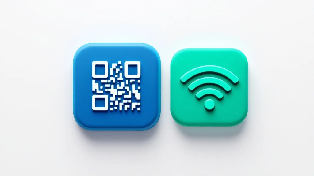 A cobalt blue QR code tile next to a wireless icon tile on a clean white surface